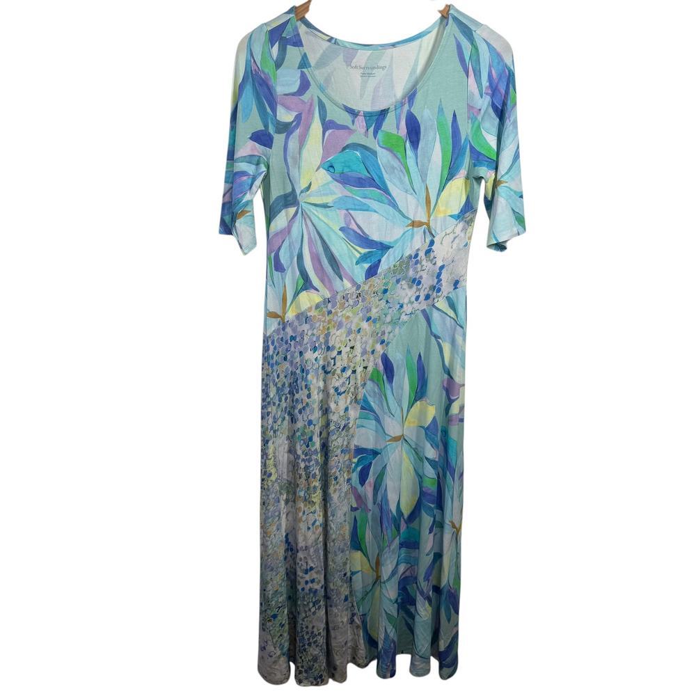 Soft Surroundings Stella Dress Women MP‎ Painterly Blue Floral Maxi Spring Art